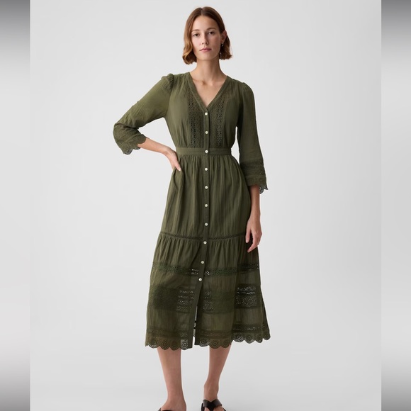 Gap NWT Textured Crinkle Lace Midi Dress in Olive Green, Size L - Picture 6 of 11